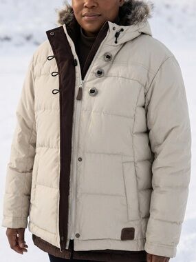 Sorel Down Puffer Jacket Women’s XL Beige Faux Fur Hood Quilted Winter Coat